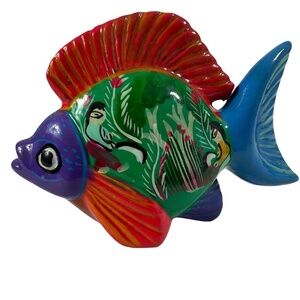 Colorful Mexican Folk Art Hand Painted Ceramic Fish Figurine 7” x 5”